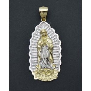 Real 10K Yellow-White Gold Lady Guadalupe Virgin Mary Medallion Pendant 4.2gr